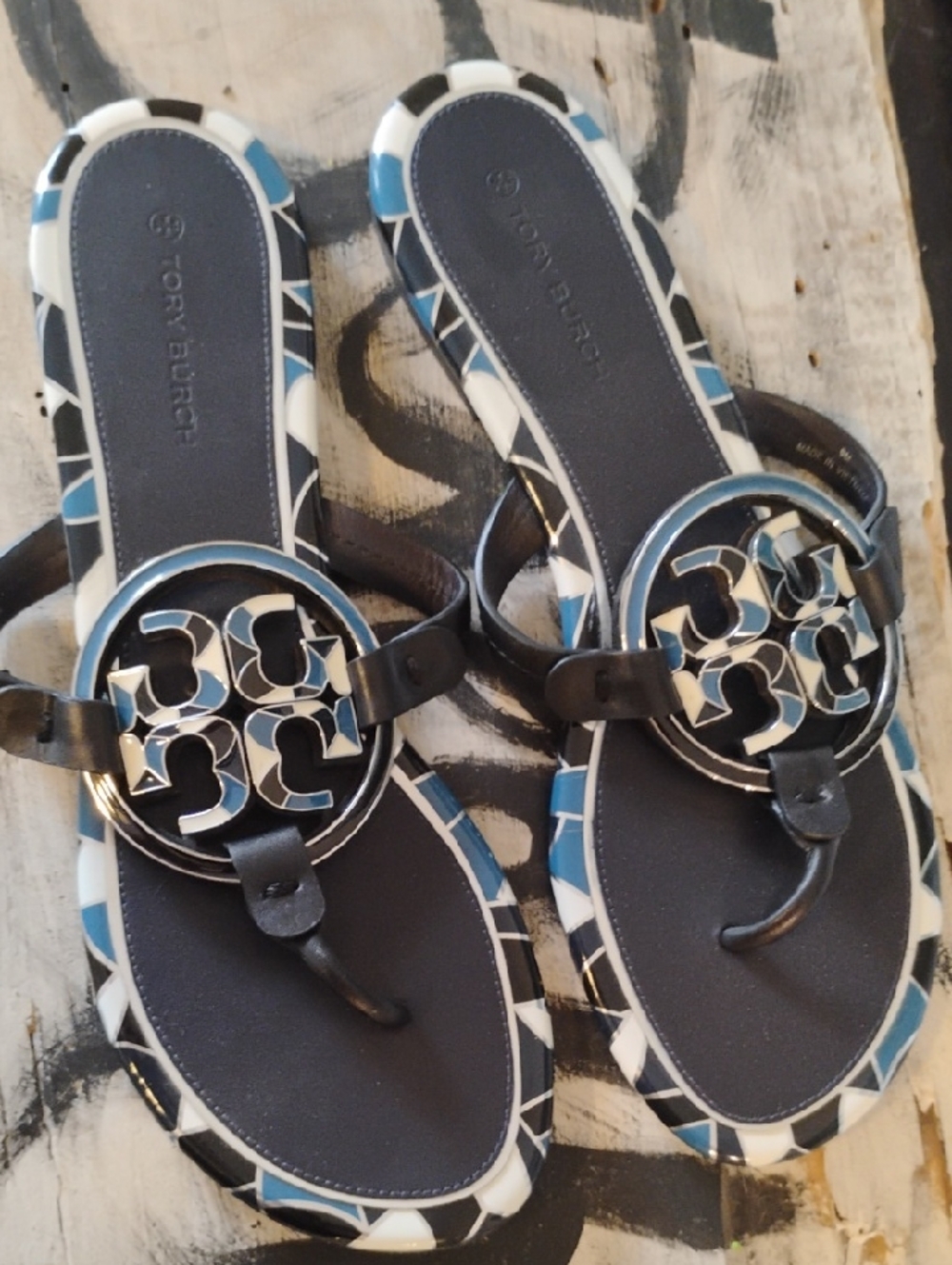Tory Burch Miller Logo Thong Sandals in Navy, Black & White